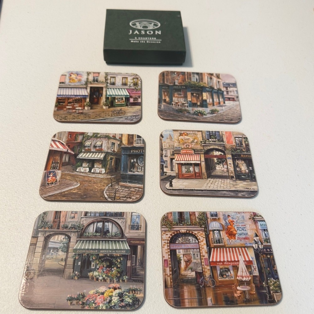 Jason 6 Coasters Set Paris French Cafe Street Scenes Cork Backed